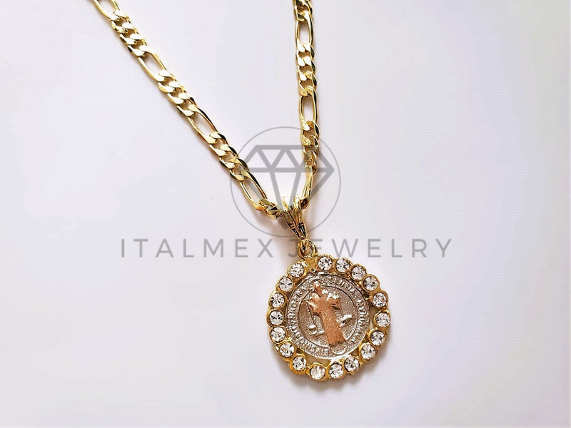 Dije de Lujo - 104177 - Dije Medalla San Benito Circonia Clara Oro Laminado 18K