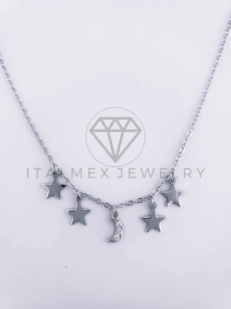 Collar de Lujo - 103624 - Estilo Estrellas y Luna Circonia Clara Plata Fina .925