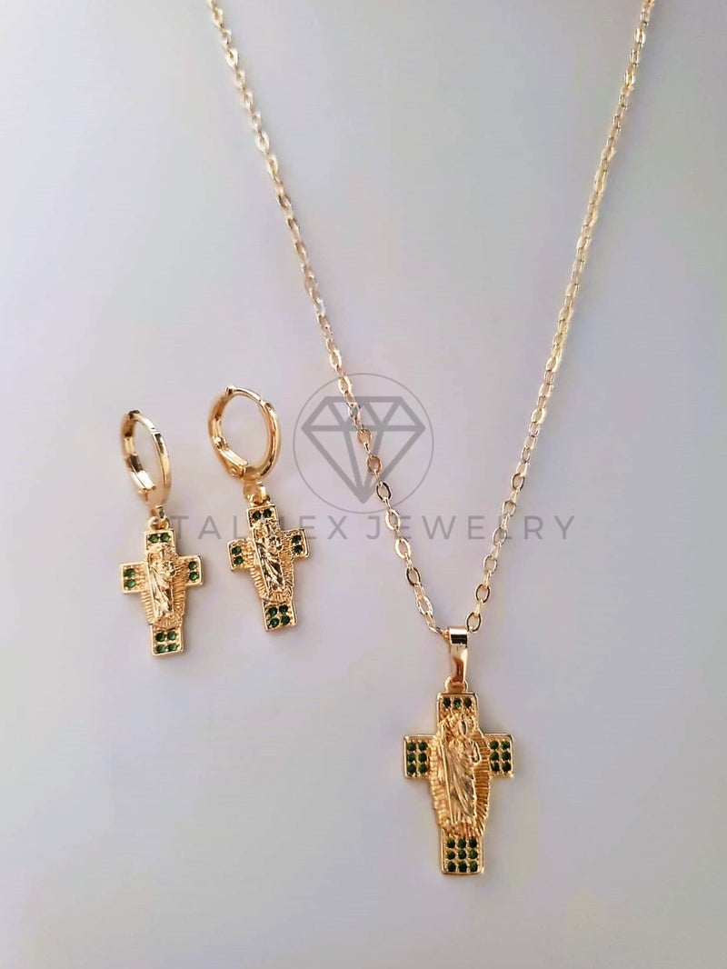 Juego de Lujo - 103802 - Diseño Cruz San Judas CZ Verde Oro Laminado 18K