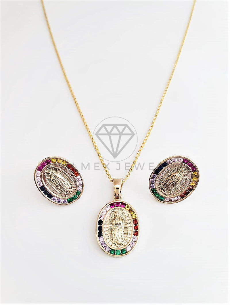 Juego de Lujo - 103024 - Diseño de Virgen de Guadalupe CZ Colores Oro Laminado 18K