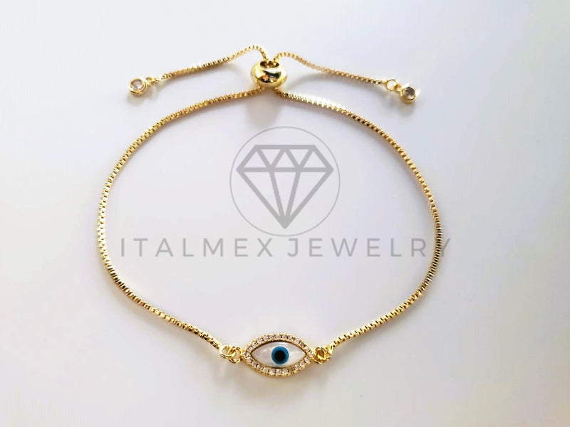 Pulsera de Lujo - 103728 - Diseño Ajustable Ojo Turco Perla Madre CZ Clara Oro Laminado 18K
