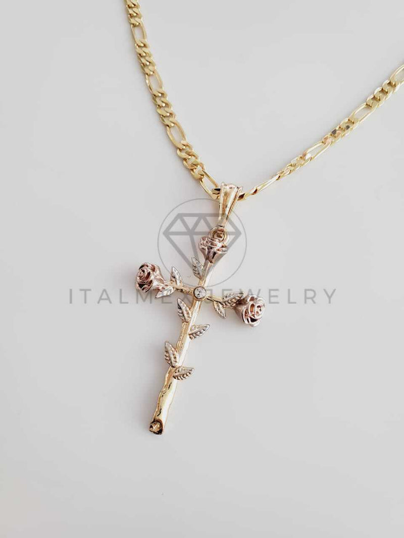 Dije Elegante - 102364 - Dije Cruz con Rosa Tamaño Mediana Oro Laminado 18K