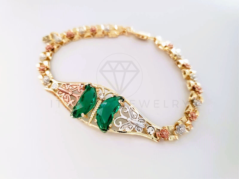 Pulsera Elegante - 103975 - Esclava 3 Oros Mariposa CZ Verde Vivo Oro Laminado 18K