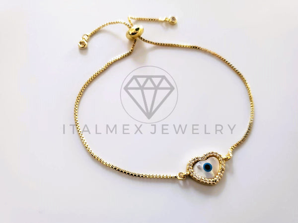 Pulsera de Lujo - 103732 - Diseño Ajustable Ojo Turco Perla Corazón CZ Claro Oro Laminado 18K