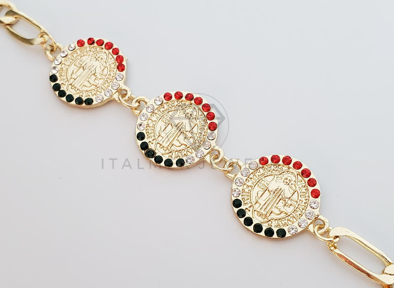Pulsera Elegante - 100185 - Diseño Medallas San Benito CZ Mexico Oro Laminado 18K