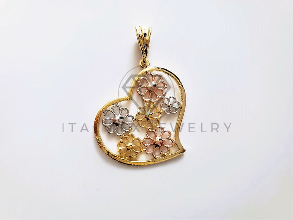 Dije Elegante - 104193 - Dije de Corazón Laser con Flores Oro Laminado 18K
