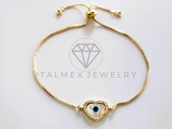Pulsera de Lujo - 103732 - Diseño Ajustable Ojo Turco Perla Corazón CZ Claro Oro Laminado 18K