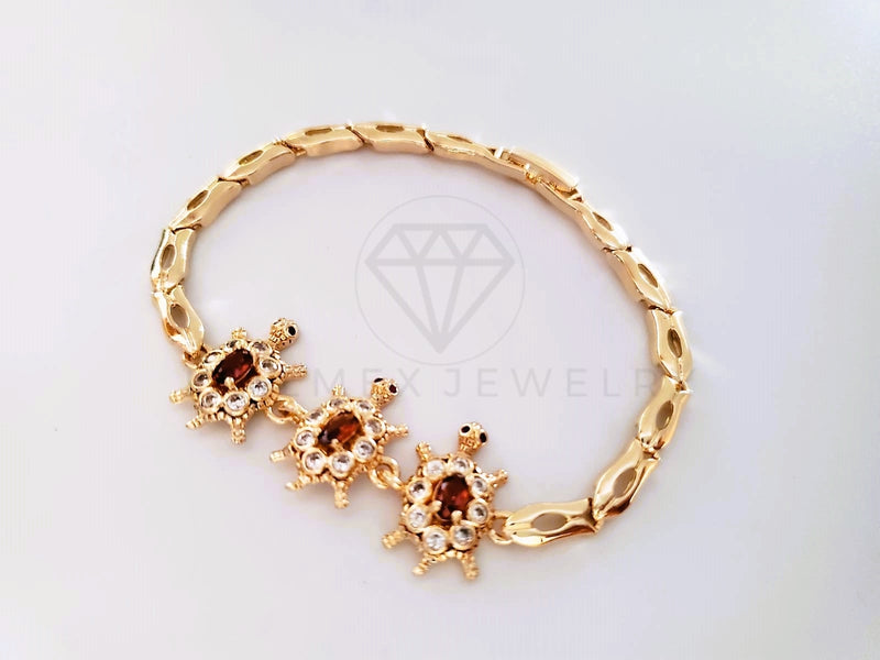 Pulsera Elegante - 103976 - Pulsera 3 Tortugas CZ Roja y Clara Oro Laminado 18K