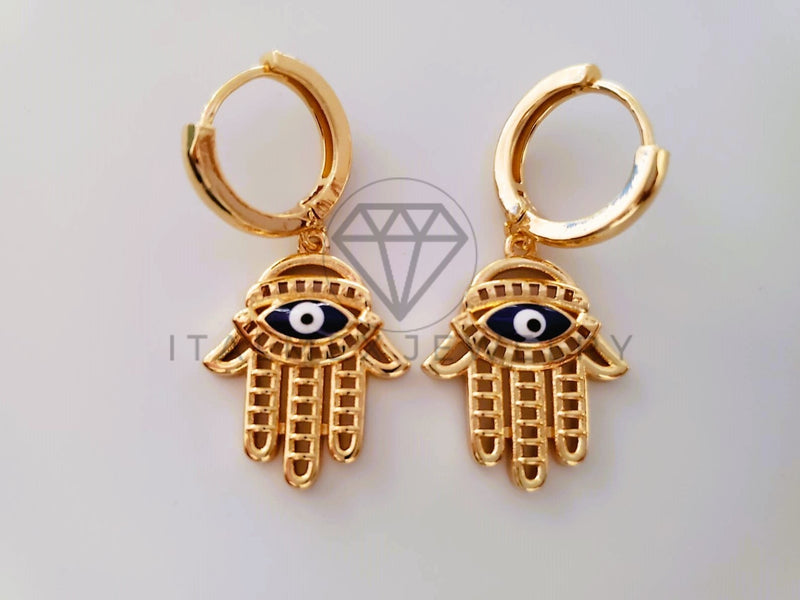 Arete de Lujo - 104630 - Huggie Mano Hamsa y Ojo Turco Oro Laminado 18K