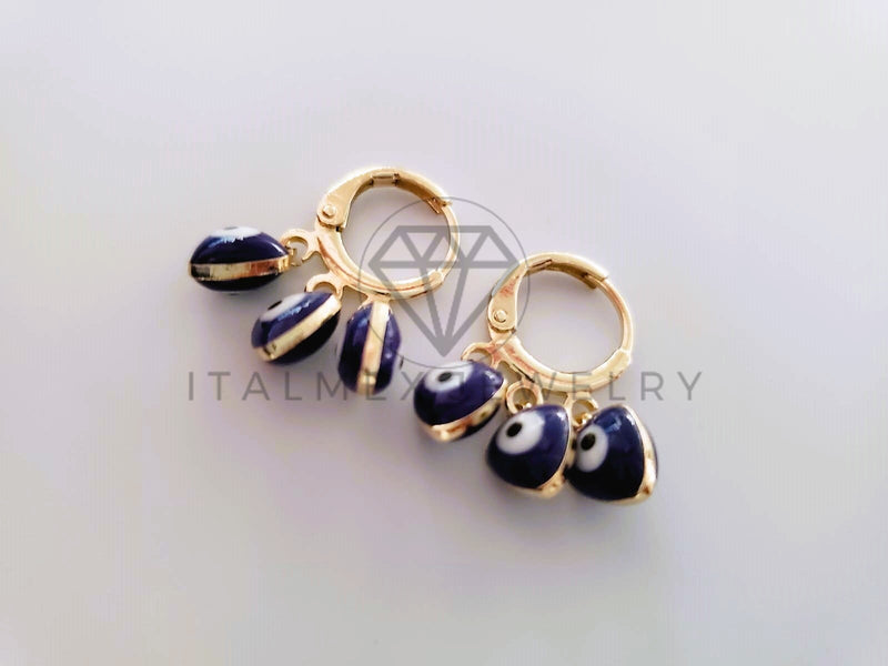 Arete de Lujo - 104639 - Huggie Ojo Turco Corazones Azules Oro Laminado 18K