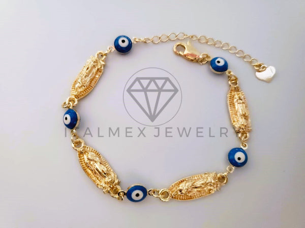 Pulsera Elegante - 104482 - Diseño Virgen Guadalupe y Ojo Turco Azul Oro Laminado 18K