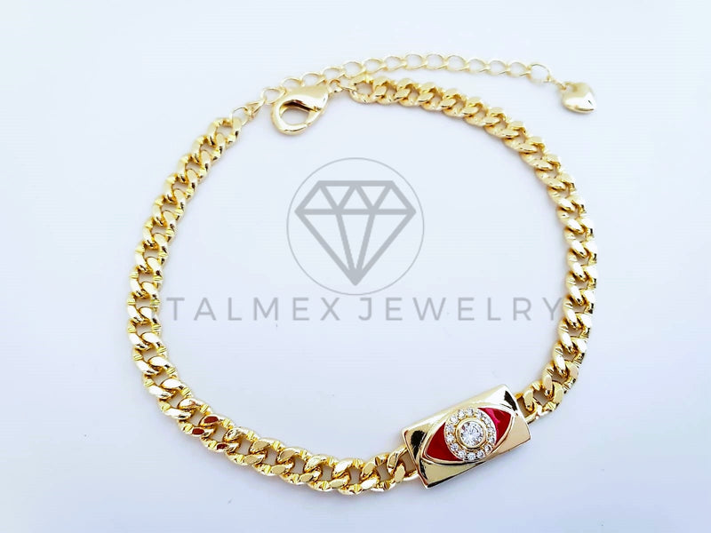 Pulsera Elegante - 103600 - Pulsera Placa Ojo Turco Rojo con Circonia Oro Laminado 18K