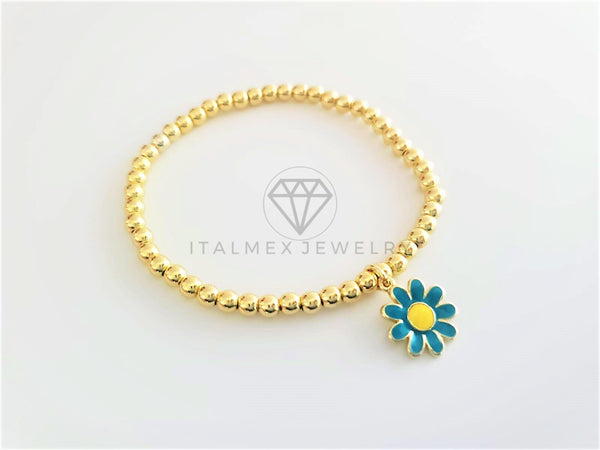 Pulsera de Lujo - 103118 - Diseño Bolitas con Girasol Azul Oro Laminado 18K