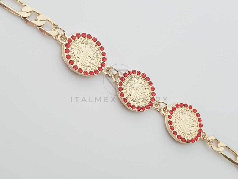 Pulsera Elegante - 100184 - Diseño de San Benito con CZ Roja Oro Laminado 18K