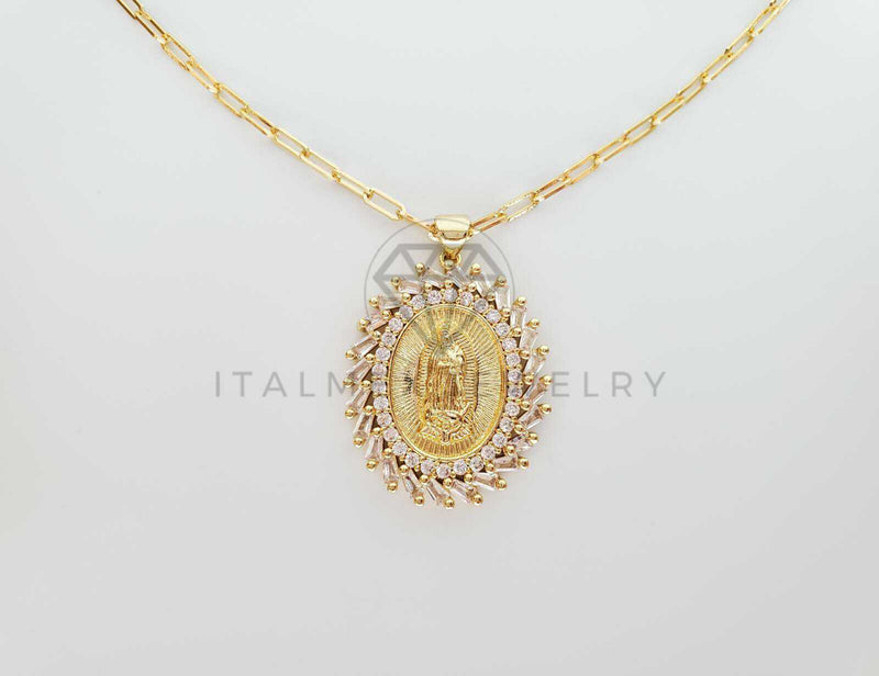 Collar Elegante - 101572 - Collar Medalla Virgen Guadalupe CZ Clara Oro Laminado 18K
