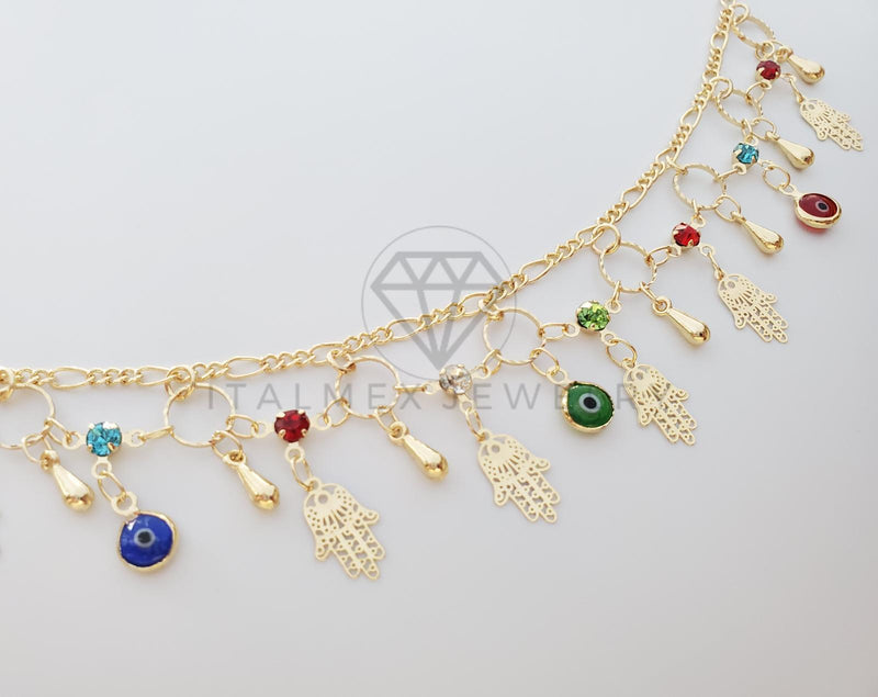 Tobillera Ajustable - 100128 - Diseño de Mano Hamsa y Circonia de Colores Oro Laminado 18K