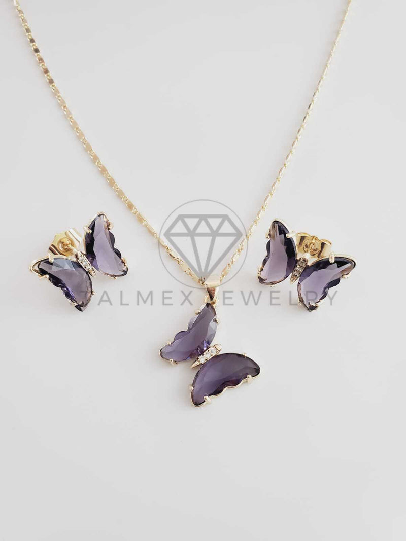 Juego de Lujo - 102409 - Diseño de Mariposas CZ Morado Oro Laminado 18K
