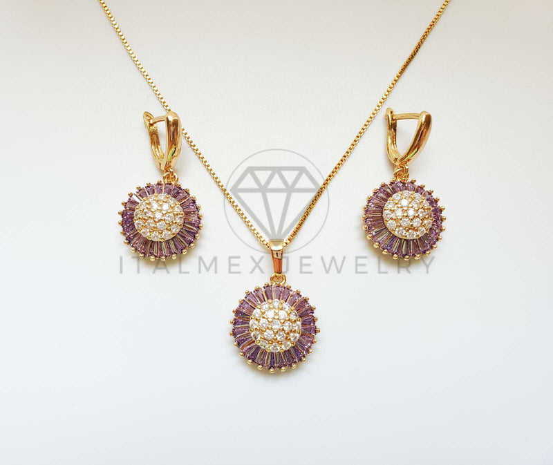 Juego de Lujo - 100639 - Diseño de CZ Baguette Color Morada Oro Laminado 18K