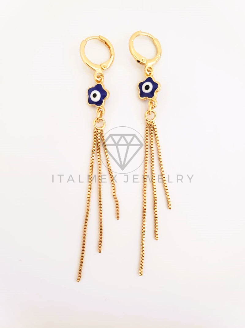 Arete de Lujo - 103522 - Diseño Ojo Turco Flor Azul y Tira Oro Laminado 18K