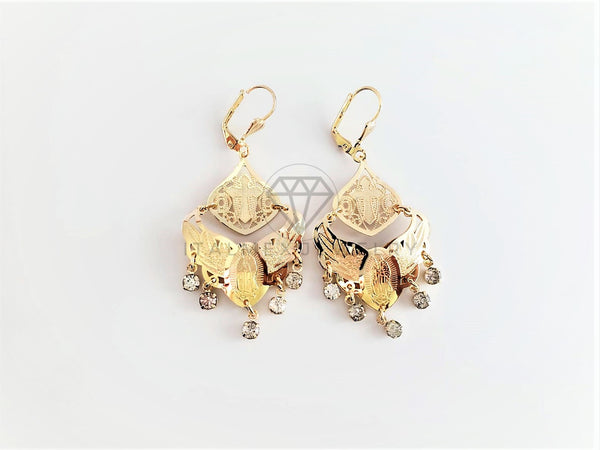 Arete de Lujo - 102903 - Arete Largo Filigrana con Virgen y Cristo Oro Laminado 18K