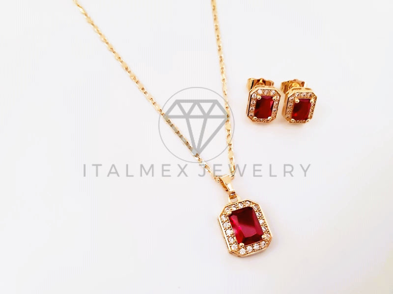 Juego de Lujo - 103946 - Diseño Rectangular con Circonia Roja Oro Laminado 18K