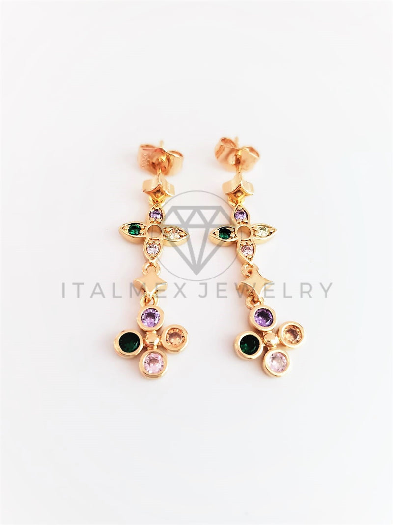 Arete de Lujo - 102956 - Diseño de Cruz y Flor CZ de Colores Oro Laminado 18K