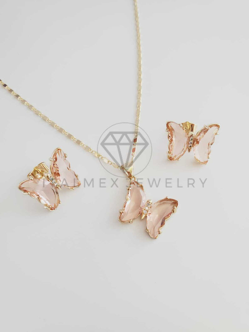 Juego de Lujo - 102408 - Diseño de Mariposas CZ Rosa Claro Oro Laminado 18K