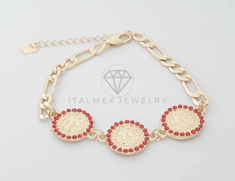 Pulsera Elegante - 100184 - Diseño de San Benito con CZ Roja Oro Laminado 18K