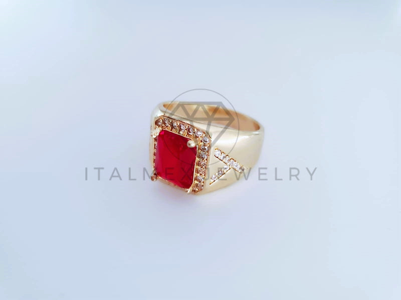 Anillo Caballero de Lujo - 103922 - Diseño Cuadrado CZ Roja Oro Laminado 18K