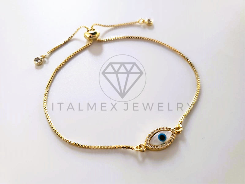 Pulsera de Lujo - 103728 - Diseño Ajustable Ojo Turco Perla Madre CZ Clara Oro Laminado 18K