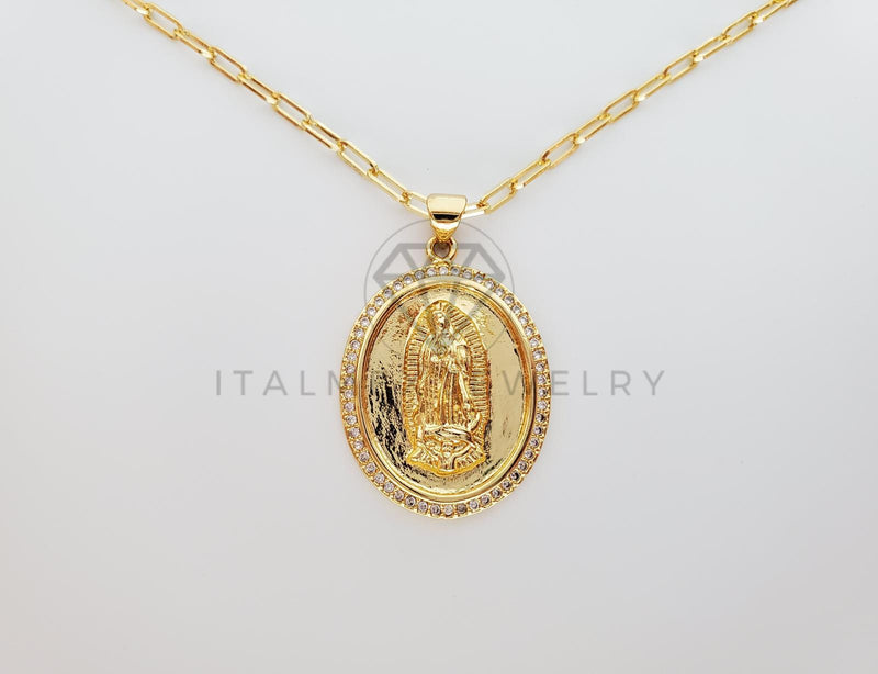 Collar Elegante - 101607 - Collar Medalla Virgen Guadalupe CZ Clara Oro Laminado 18K