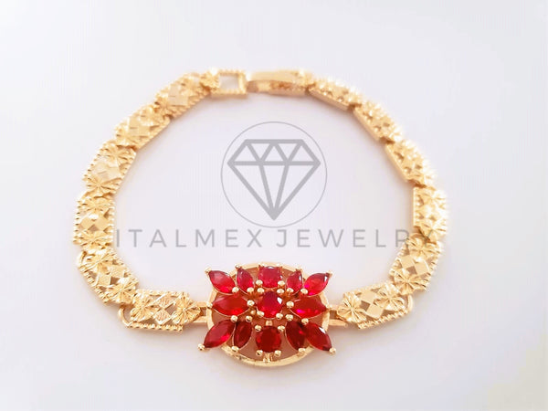 Pulsera Elegante - 103827 - Diseño Flor Grande CZ Roja Oro Laminado 18K