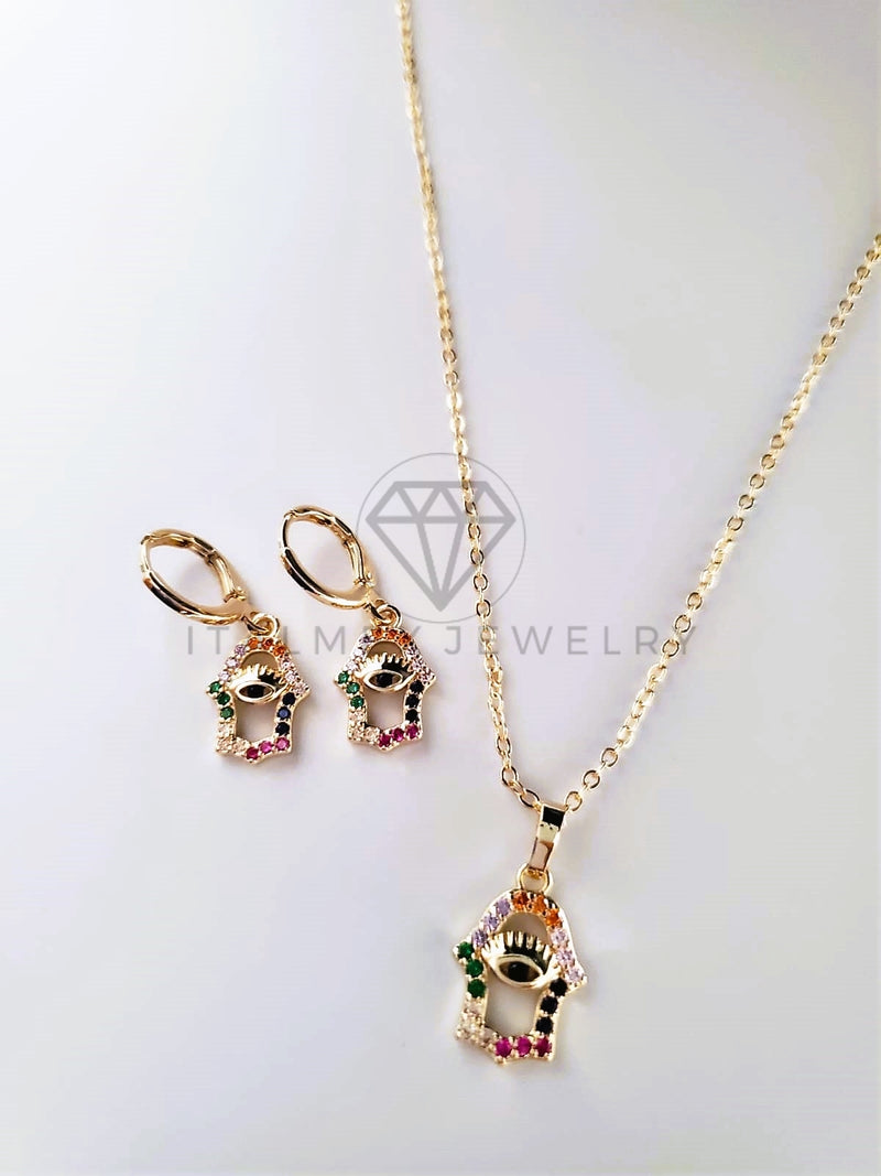 Juego de Lujo - 103822 - Diseño Mano Hamsa y Ojo Turco CZ Color Oro Laminado 18K