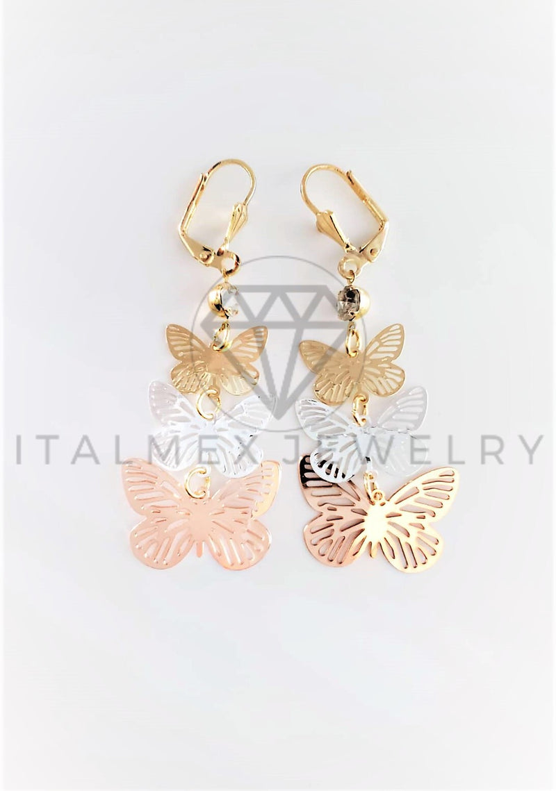 Arete de Lujo - 103010 - Arete Largo de Mariposas 3 Tonos Oro Laminado 18K