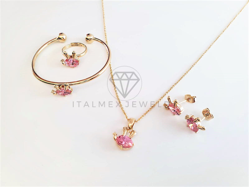 Juego de Niña - 103021 - Diseño de Conejito CZ Rosa Oro Laminado 18K