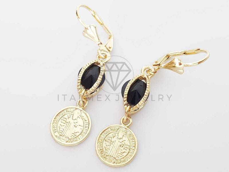 Arete Elegante - 100751 - Diseño de San Benito con CZ Negra Oro Laminado 18K