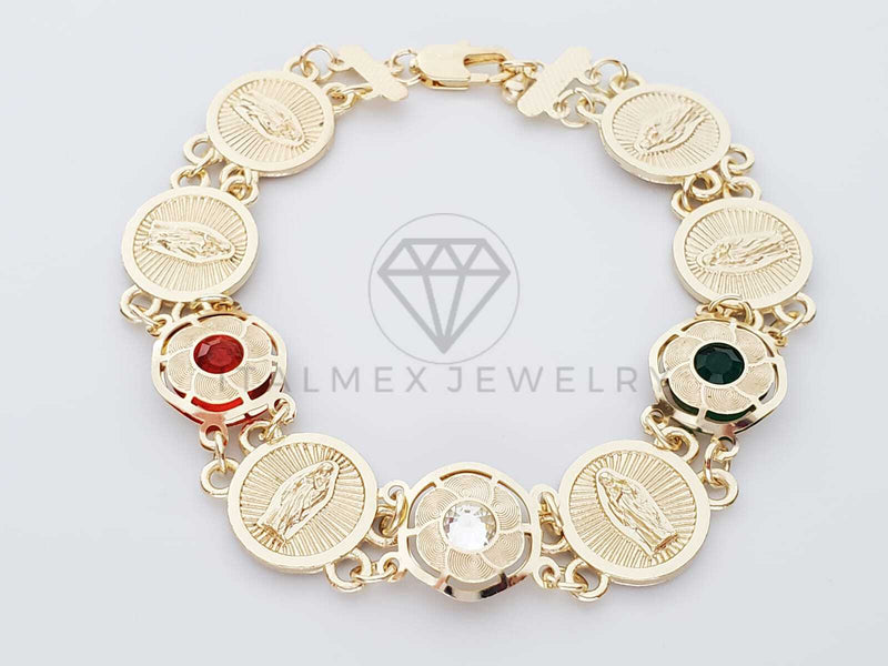 Pulsera de Lujo - 100242 - Diseño de Moneda de la Virgen de Guadalupe Con CZ Biselada Tricolor Oro Laminado 18K