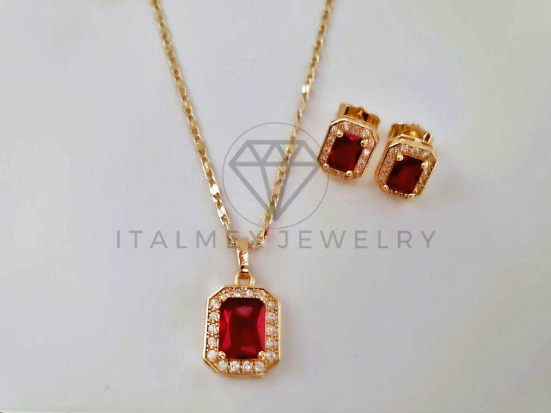 Juego de Lujo - 103946 - Diseño Rectangular con Circonia Roja Oro Laminado 18K