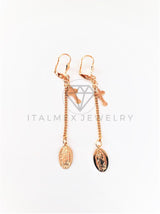 Arete de Lujo - 103097 - Arete Largo Cruz y Virgen Oro Laminado 18K
