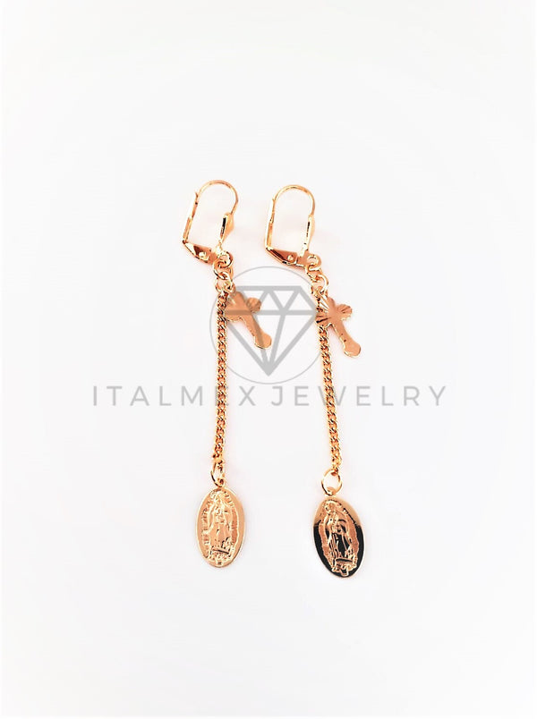 Arete de Lujo - 103097 - Arete Largo Cruz y Virgen Oro Laminado 18K