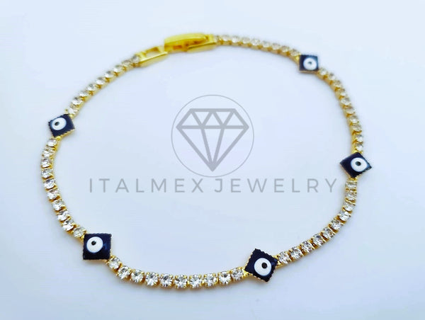 Pulsera Elegante - 103574 - Pulsera Tira CZ Clara y Ojo Turco Azul Oro Laminado 18K