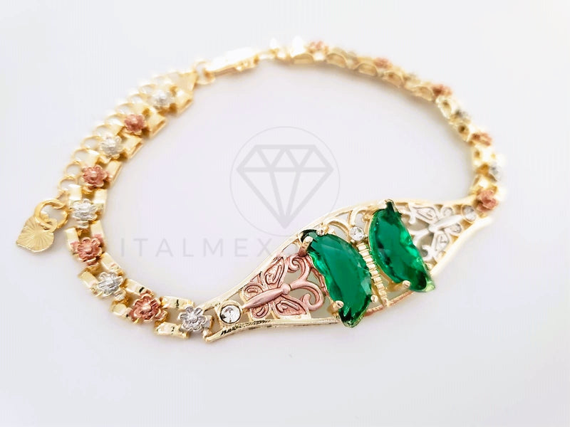 Pulsera Elegante - 103975 - Esclava 3 Oros Mariposa CZ Verde Vivo Oro Laminado 18K
