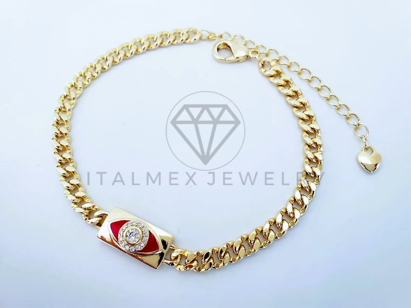 Pulsera Elegante - 103600 - Pulsera Placa Ojo Turco Rojo con Circonia Oro Laminado 18K