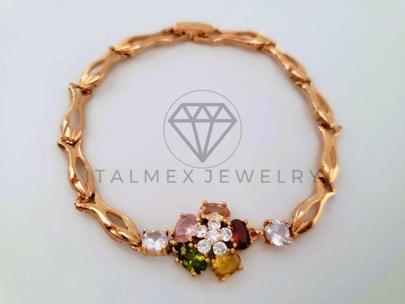 Pulsera de Lujo - 104316 - Diseño Flores CZ Color Oro Laminado 18K