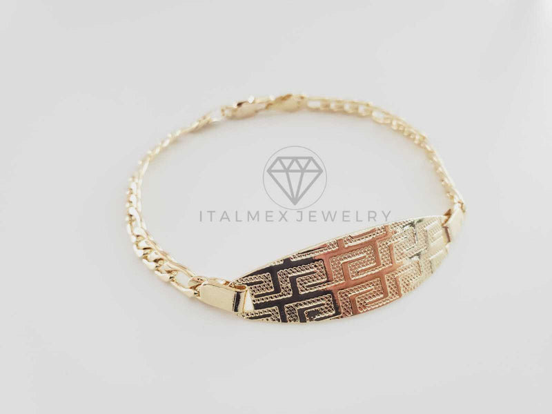 Esclava Elegante - 102730 - Diseño Fígaro Placa Grecas 5mm/8" Oro Laminado 18K