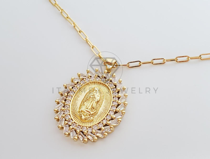 Collar Elegante - 101572 - Collar Medalla Virgen Guadalupe CZ Clara Oro Laminado 18K