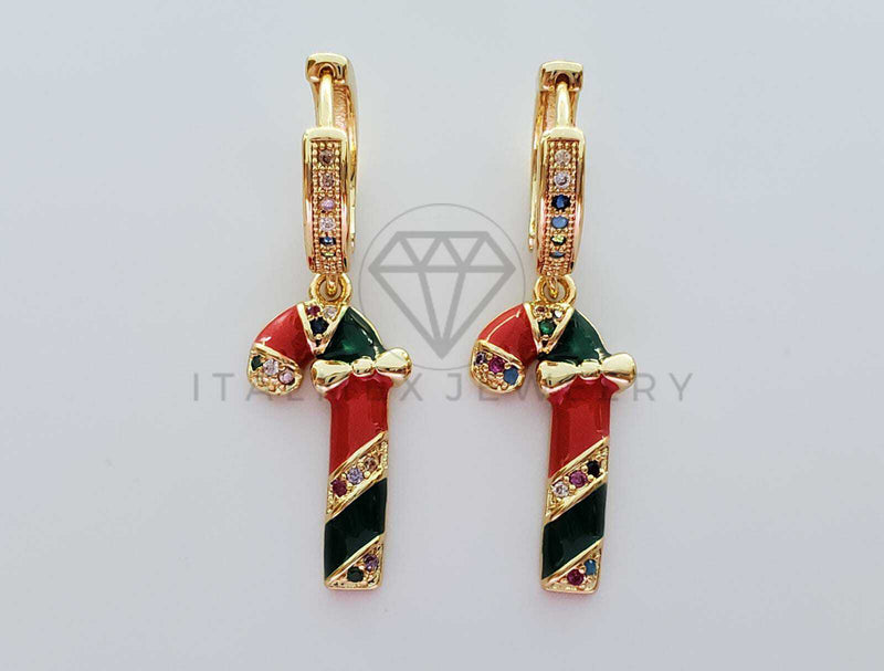 Arete de Lujo - 101980 - Diseño de Bastón Navideño CZ Color Oro Laminado 18K