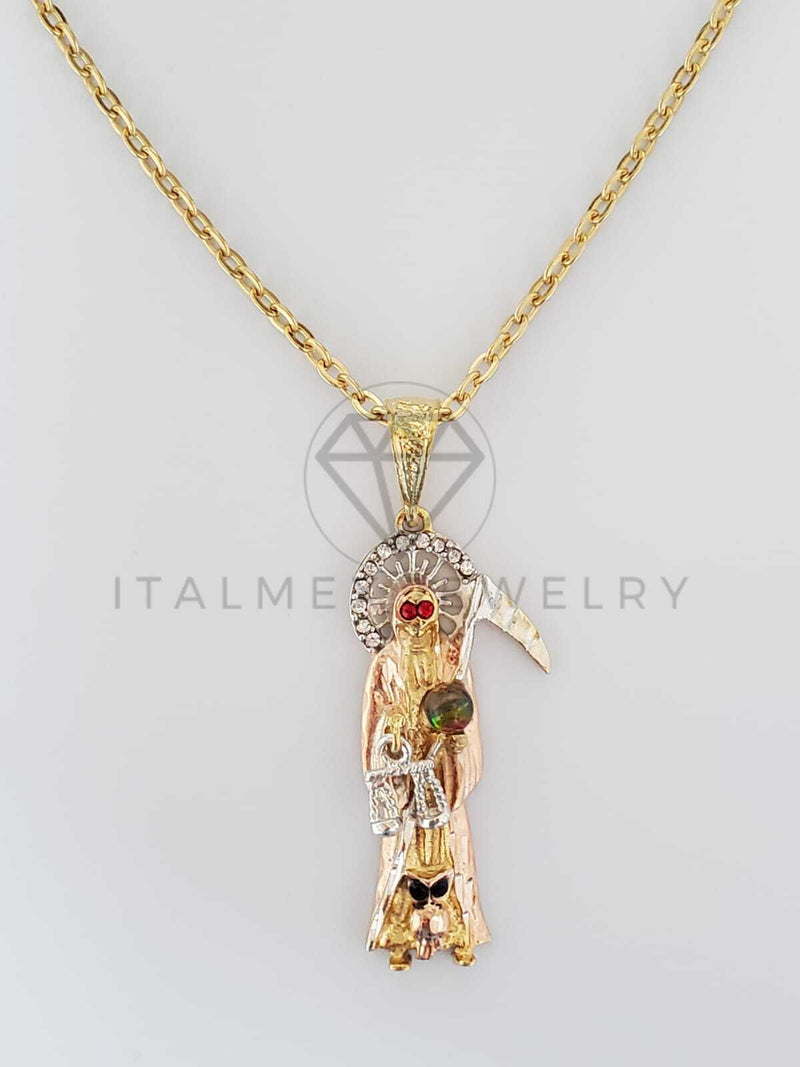 Dije Religiosa - 100469.100472 - Santa Muerte CZ y Cristal Tamaño Grande Oro Laminado 18K