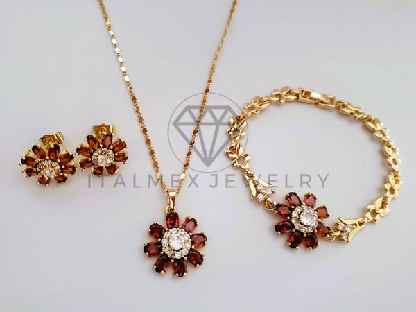 Juego de Lujo - 104570 - Diseño de Flores CZ Tinta Collar, Arete y Pulsera Oro Laminado 18K