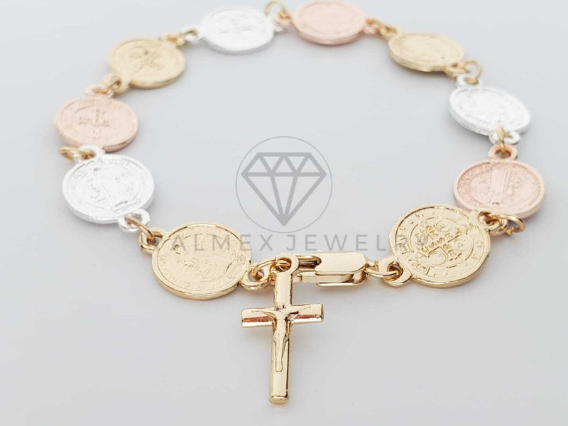 Pulsera de Lujo - 100189 - Diseño de Moneda de San Benito con Cristo 3 Tonos Oro Laminado 18K